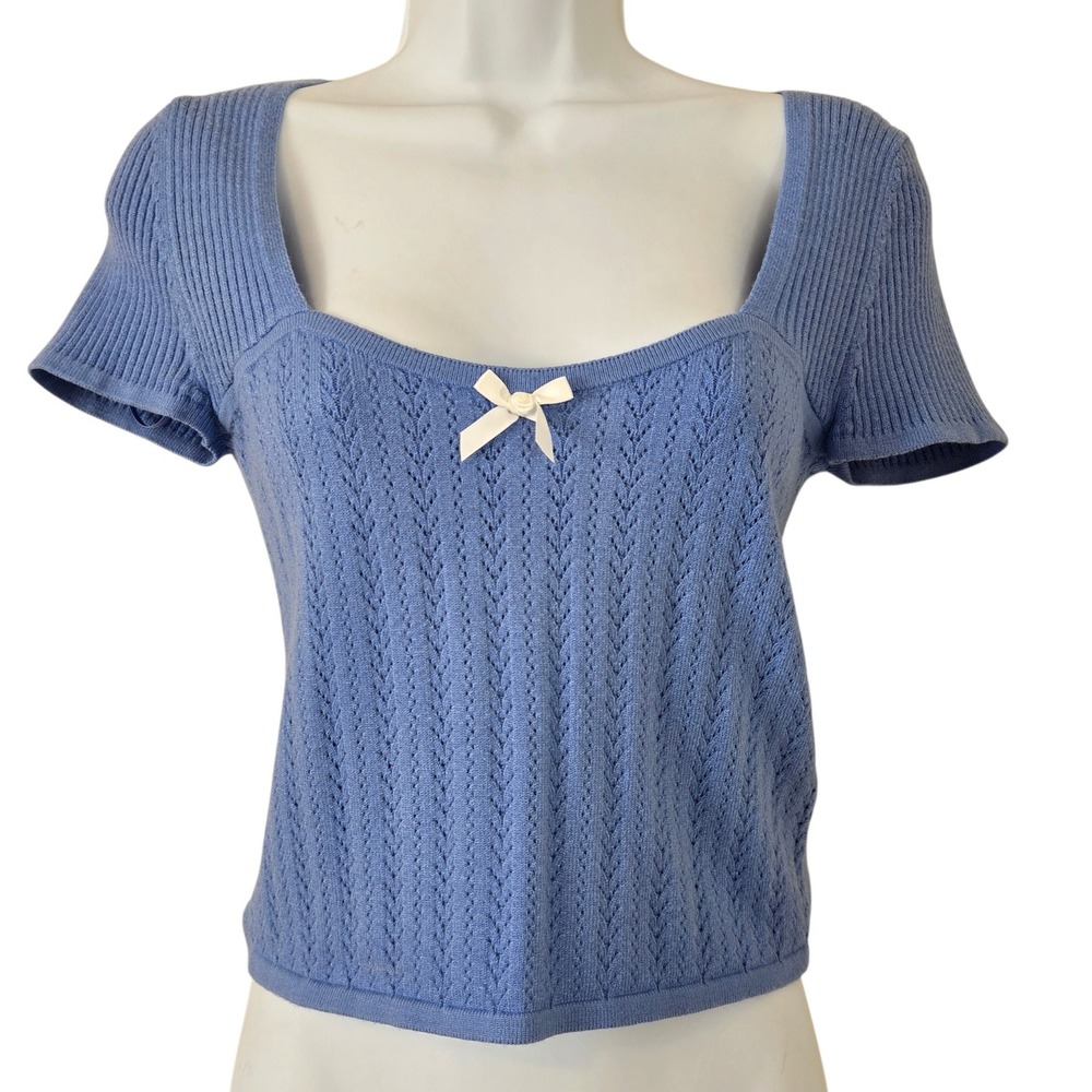 The Prairie Rachel Ashwell Blue Pointelle Crop Top M Bow Coquette Cottagecore